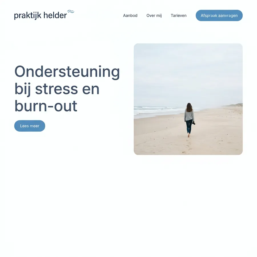 Voorbeeldontwerp: website voor Praktijk Helder (fictief), in wit en lichtblauw