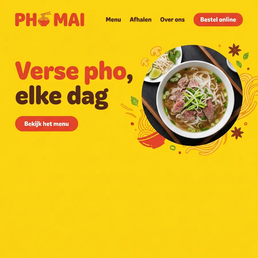 Voorbeeldontwerp: website voor Pho Mai (fictief), in fel geel en rood