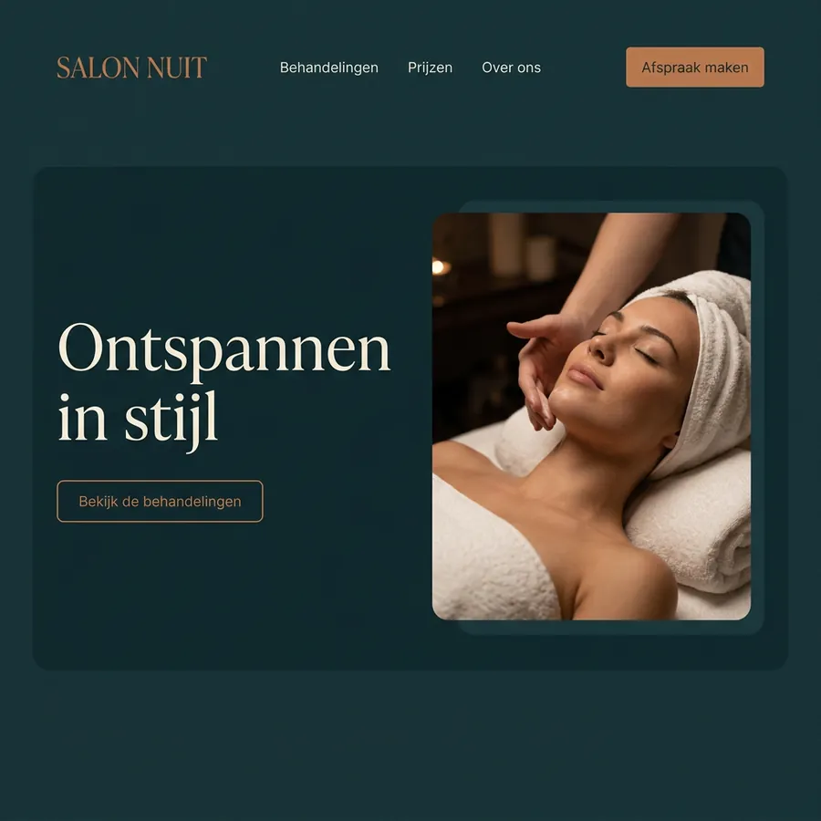 Voorbeeldontwerp: website voor Salon Nuit (fictief), in donker petrol met koper