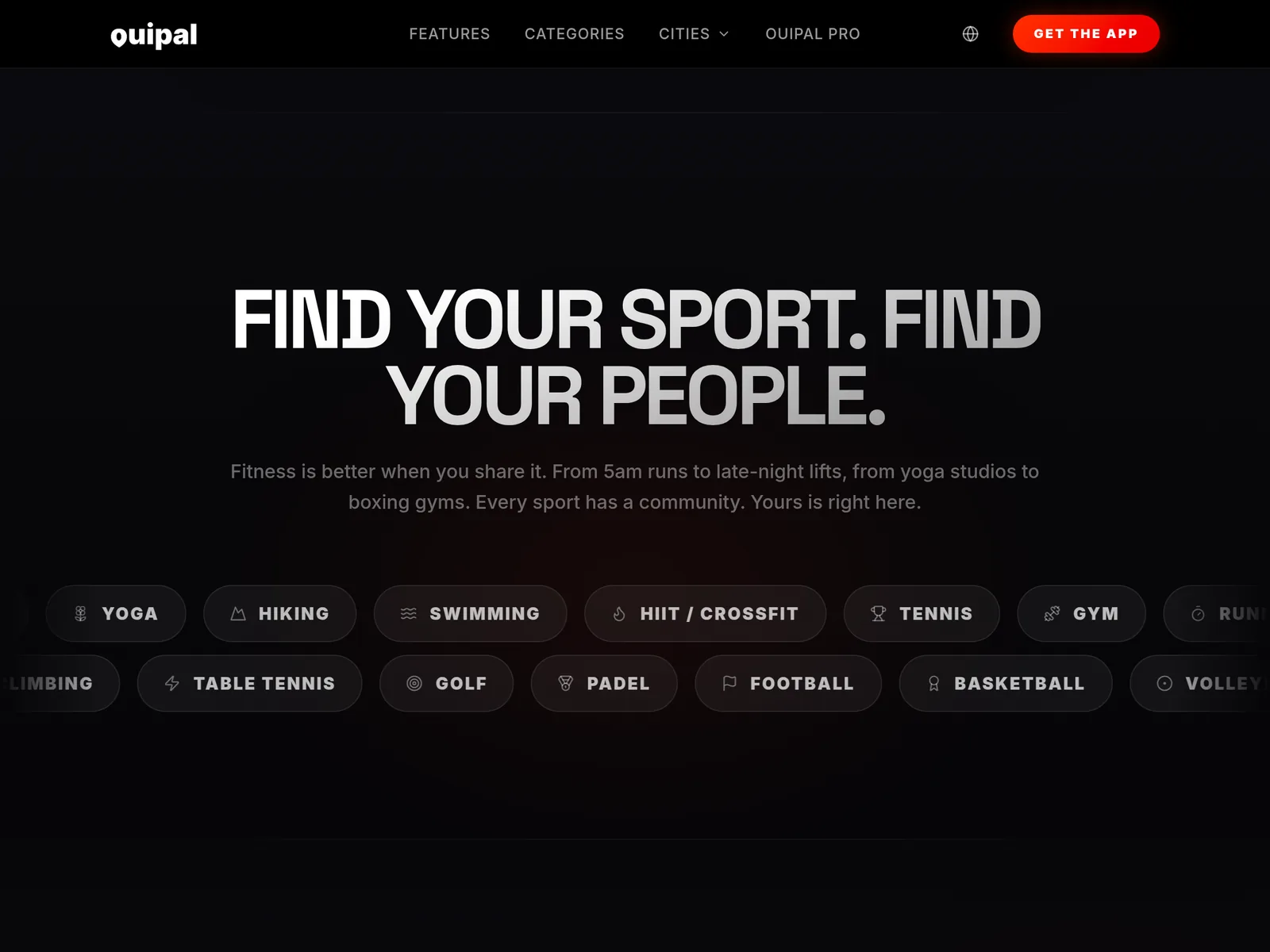 ouipal website: the 'Find your sport. Find your people.' section with sports from yoga to padel