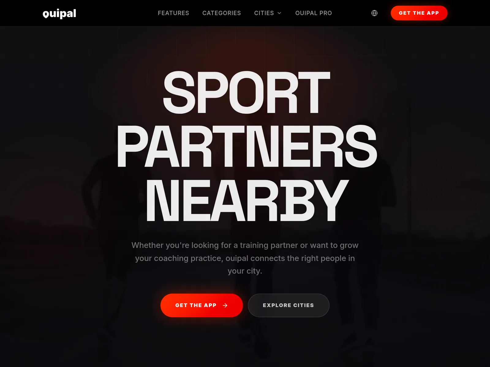 Top of the ouipal homepage: the 'Sport partners nearby' hero with the 'Get the app' and 'Explore cities' buttons