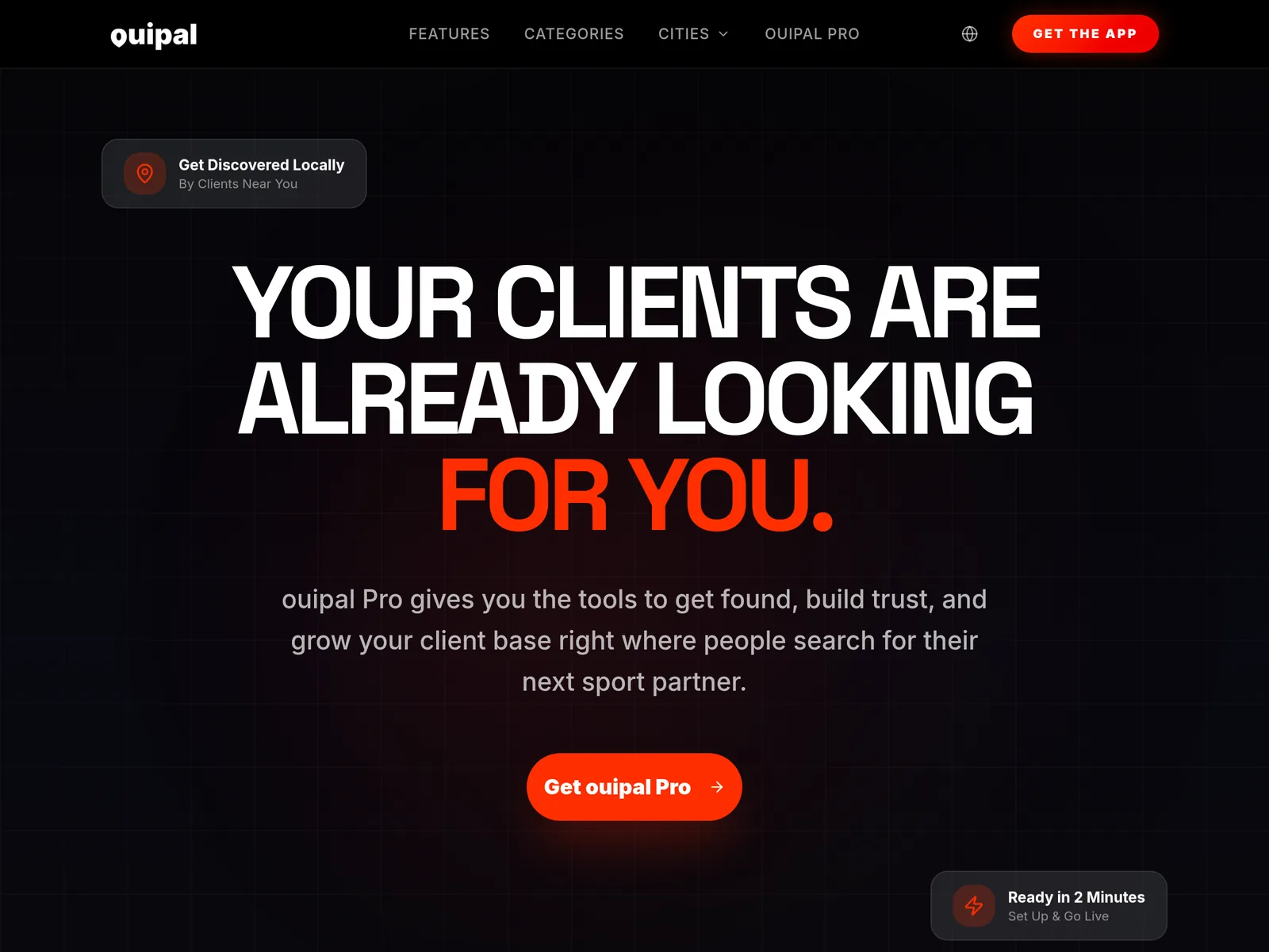 ouipal Pro page: 'Your clients are already looking for you.' for trainers