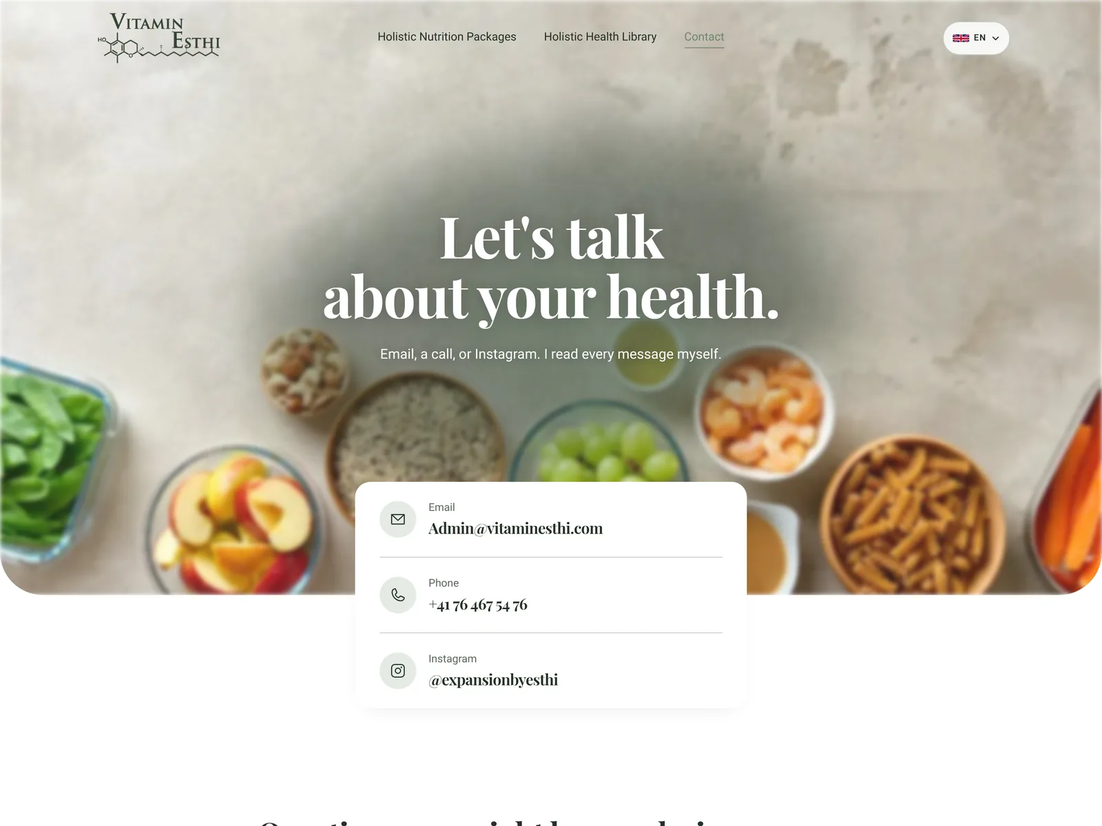 VitaminEsthi contact page: 'Let's talk about your health' with contact details