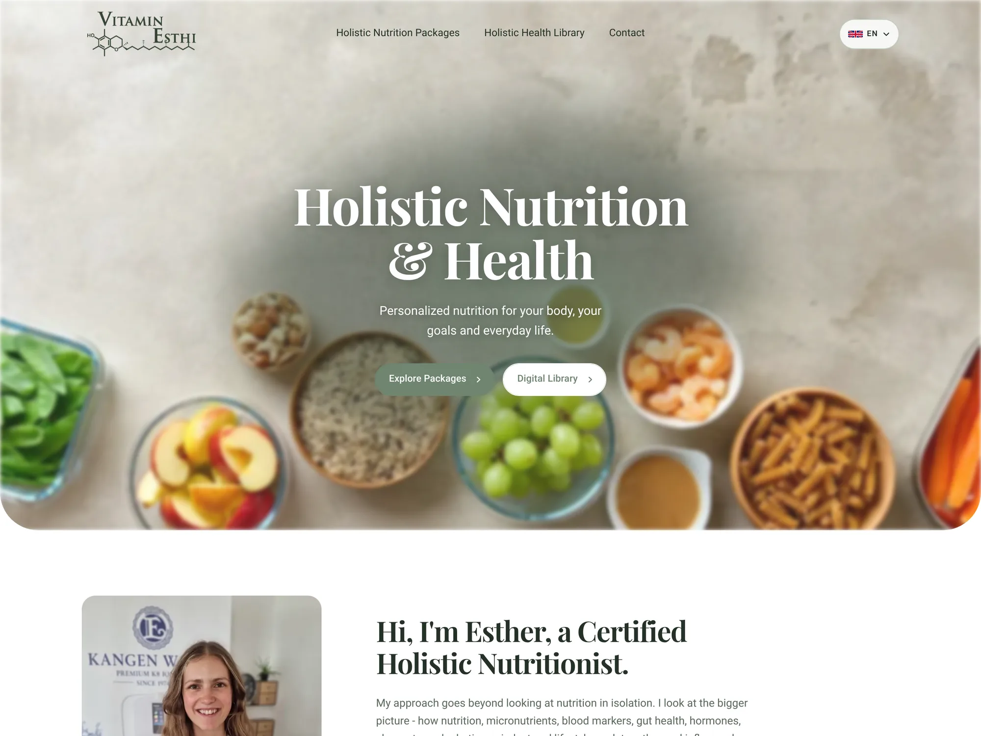 Top of the VitaminEsthi homepage: 'Holistic Nutrition & Health' on a healthy-food background