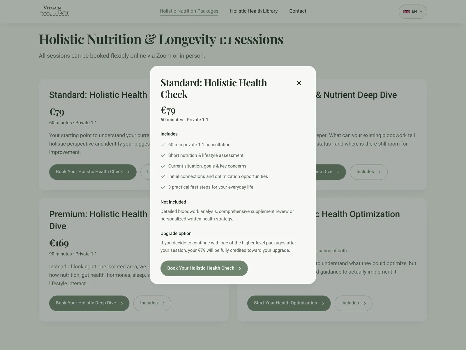 VitaminEsthi website: 1:1 sessions with the Includes popup open