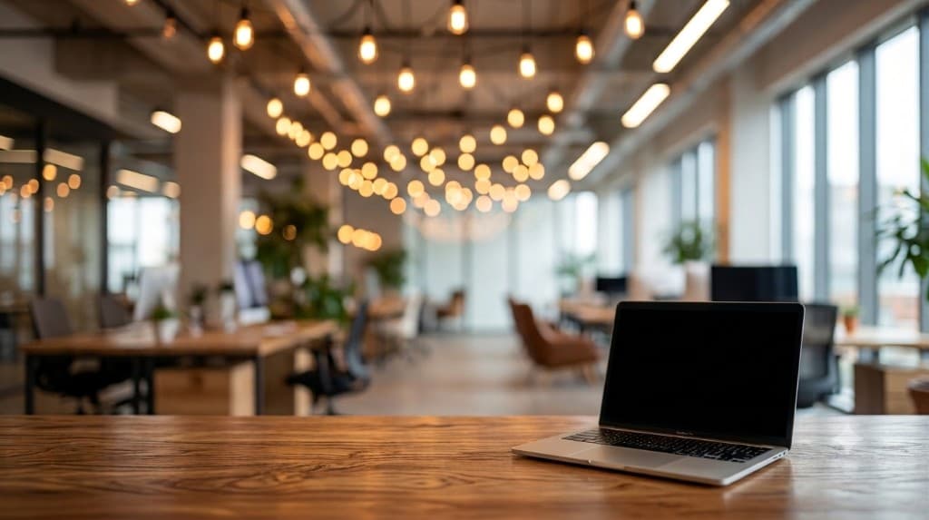 Laptop on a wooden desk in a warm open workspace