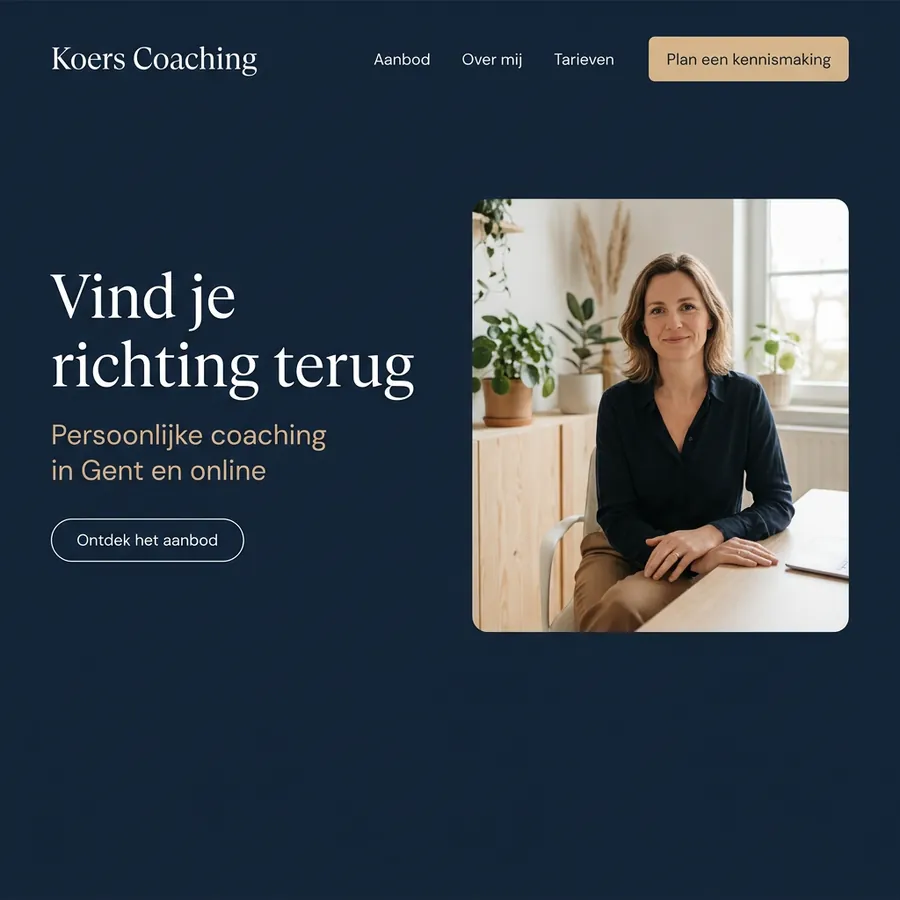 Voorbeeldontwerp: website voor Koers Coaching (fictief), in donker marineblauw