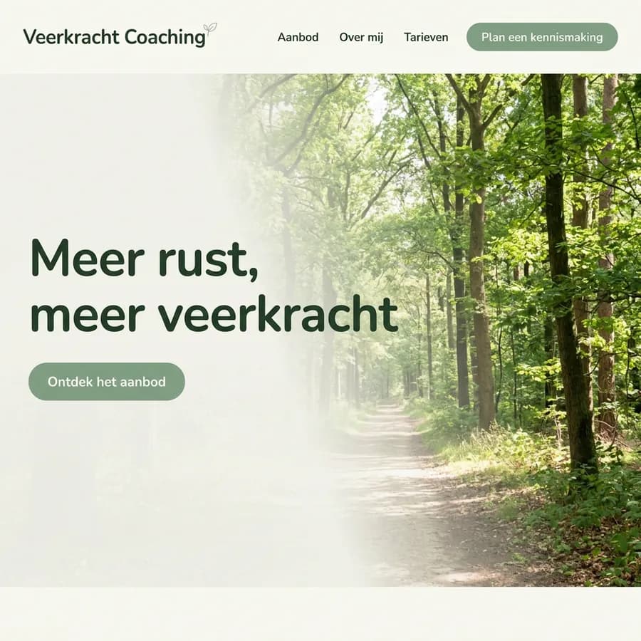 Voorbeeldontwerp: website voor Veerkracht Coaching (fictief), in rustige groentinten