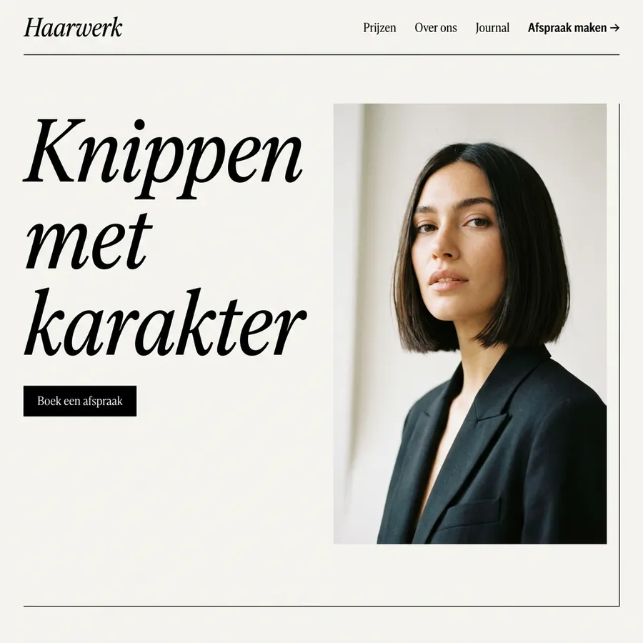 Voorbeeldontwerp: website voor de fictieve kapsalon Haarwerk, in een editoriale stijl