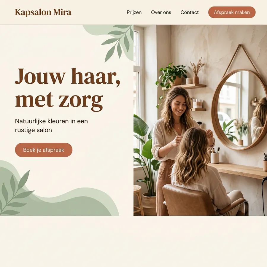 Voorbeeldontwerp: website voor de fictieve Kapsalon Mira, in warme natuurtinten