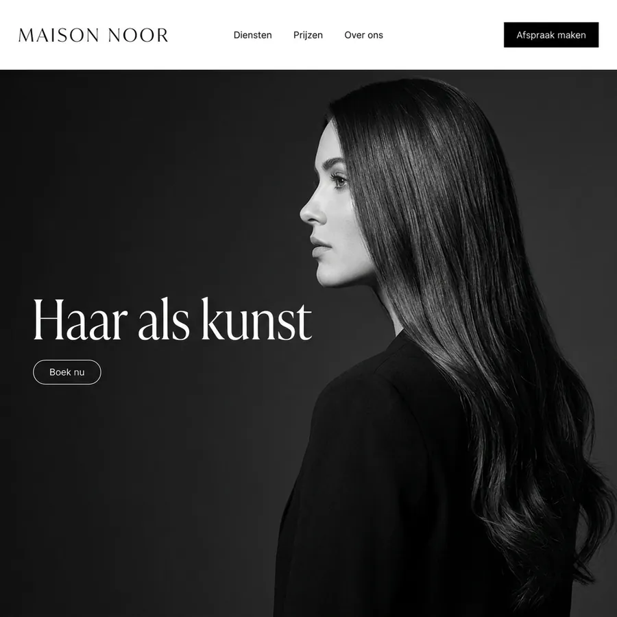 Voorbeeldontwerp: website voor de fictieve kapsalon Maison Noor, in zwart-wit