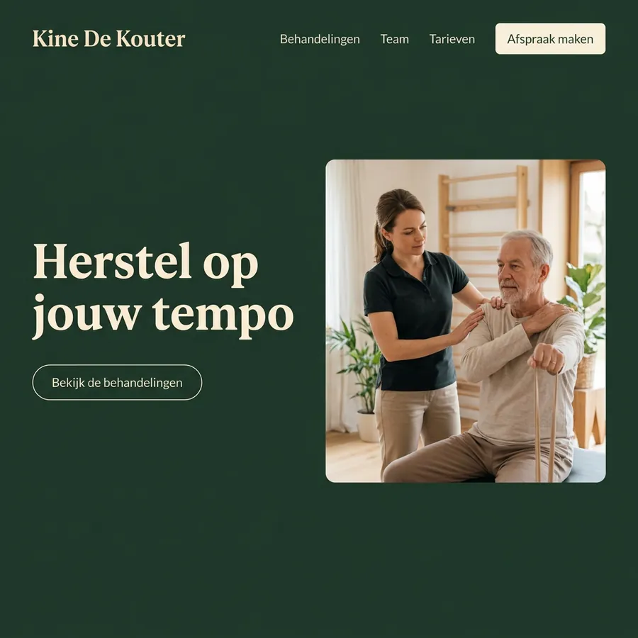 Voorbeeldontwerp: website voor Kine De Kouter (fictief), in donker bosgroen