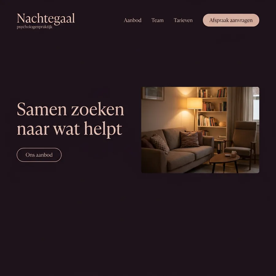 Voorbeeldontwerp: website voor Psychologenpraktijk Nachtegaal (fictief), in donker aubergine