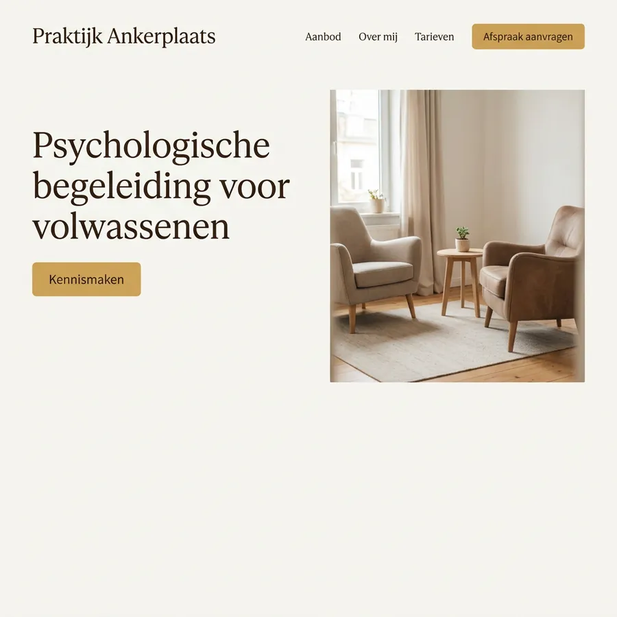 Voorbeeldontwerp: website voor Praktijk Ankerplaats (fictief), in gebroken wit met oker