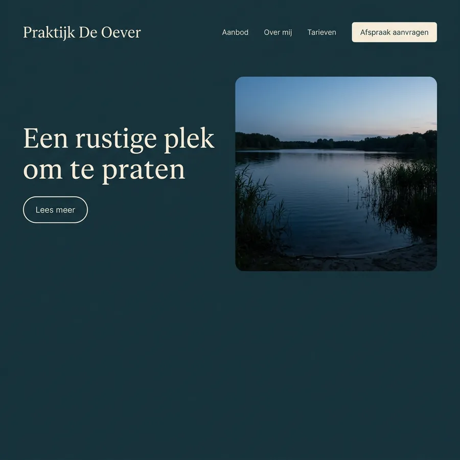 Voorbeeldontwerp: website voor Praktijk De Oever (fictief), in donker blauwgroen