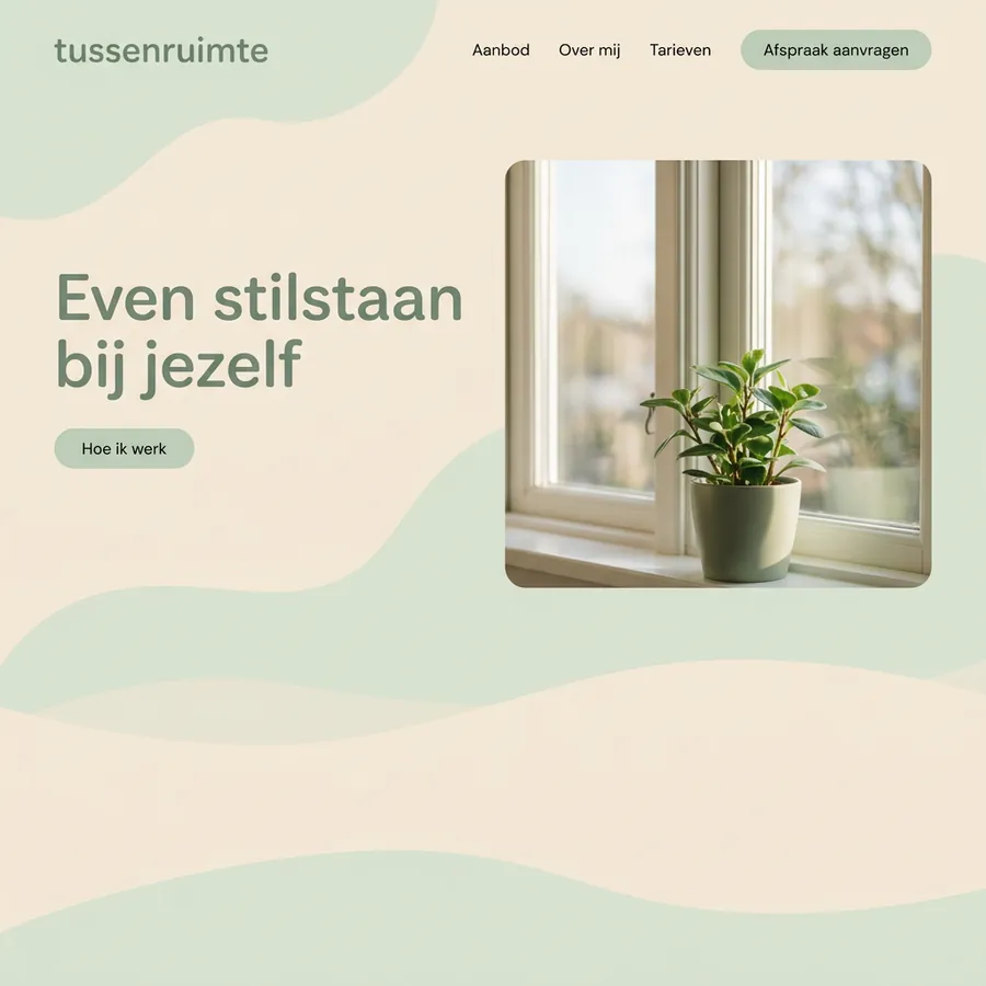 Voorbeeldontwerp: website voor Praktijk Tussenruimte (fictief), in zachte salietinten