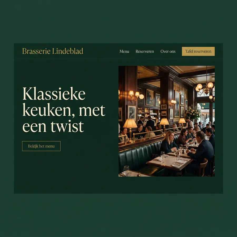 Voorbeeldontwerp: website voor Brasserie Lindeblad (fictief), in donkergroen met goud