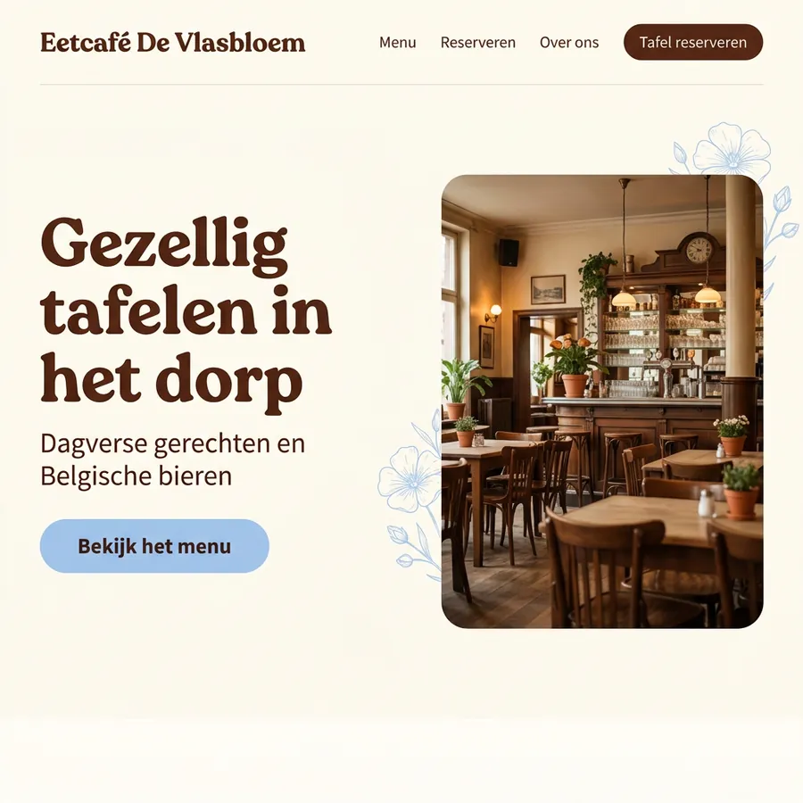 Voorbeeldontwerp: website voor Eetcafé De Vlasbloem (fictief), in warme crèmetinten