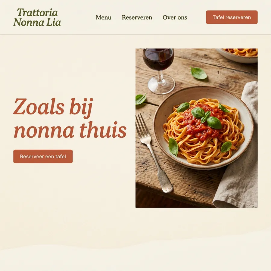 Voorbeeldontwerp: website voor Trattoria Nonna Lia (fictief), in een Italiaanse stijl