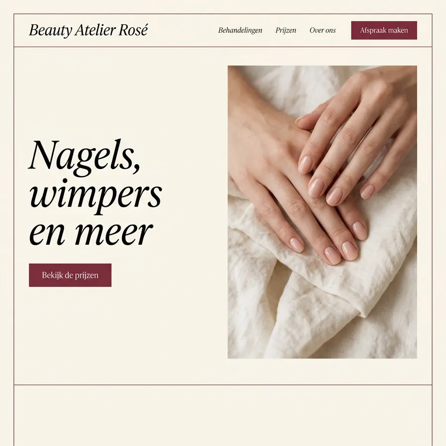 Voorbeeldontwerp: website voor Beauty Atelier Rosé (fictief), in een editoriale stijl