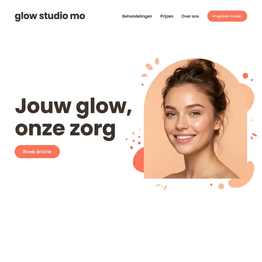 Voorbeeldontwerp: website voor Glow Studio Mo (fictief), speels, in koraal