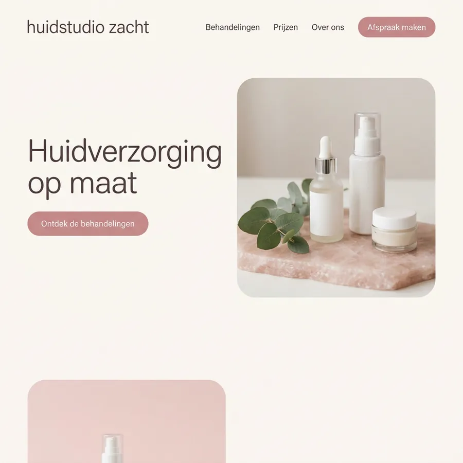 Voorbeeldontwerp: website voor Huidstudio Zacht (fictief), in zacht roze