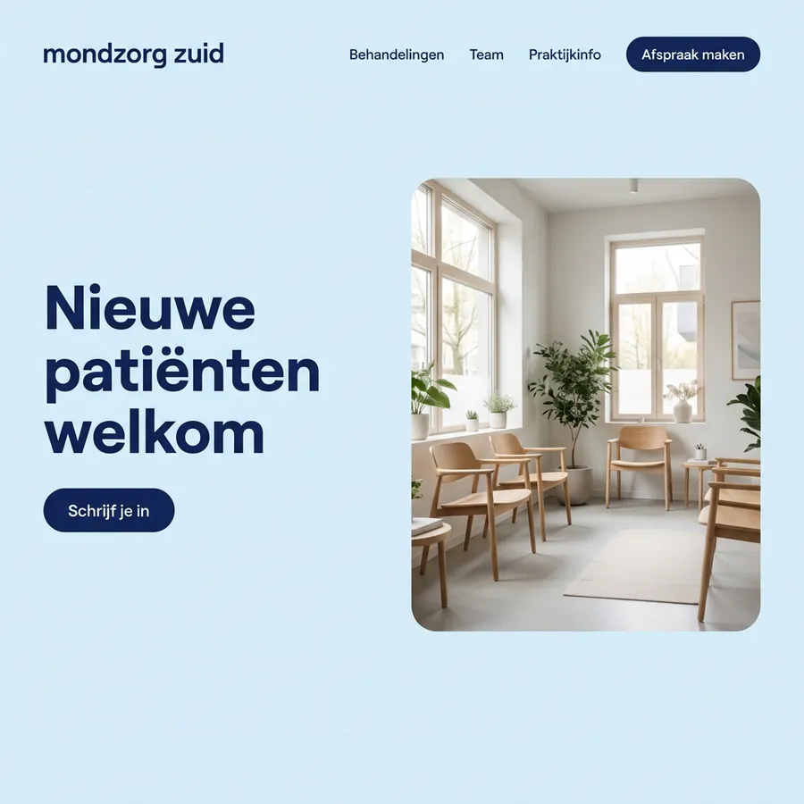 Voorbeeldontwerp: website voor Mondzorg Zuid (fictief), in lichtblauw
