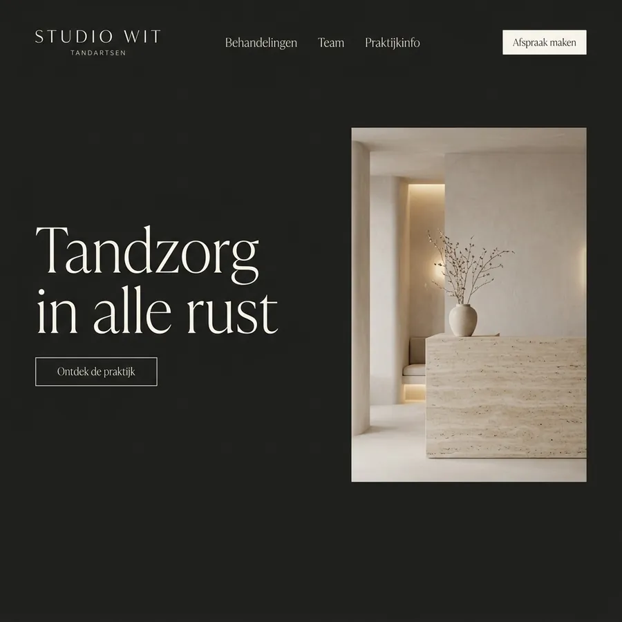 Voorbeeldontwerp: website voor Studio Wit Tandartsen (fictief), donker en minimalistisch