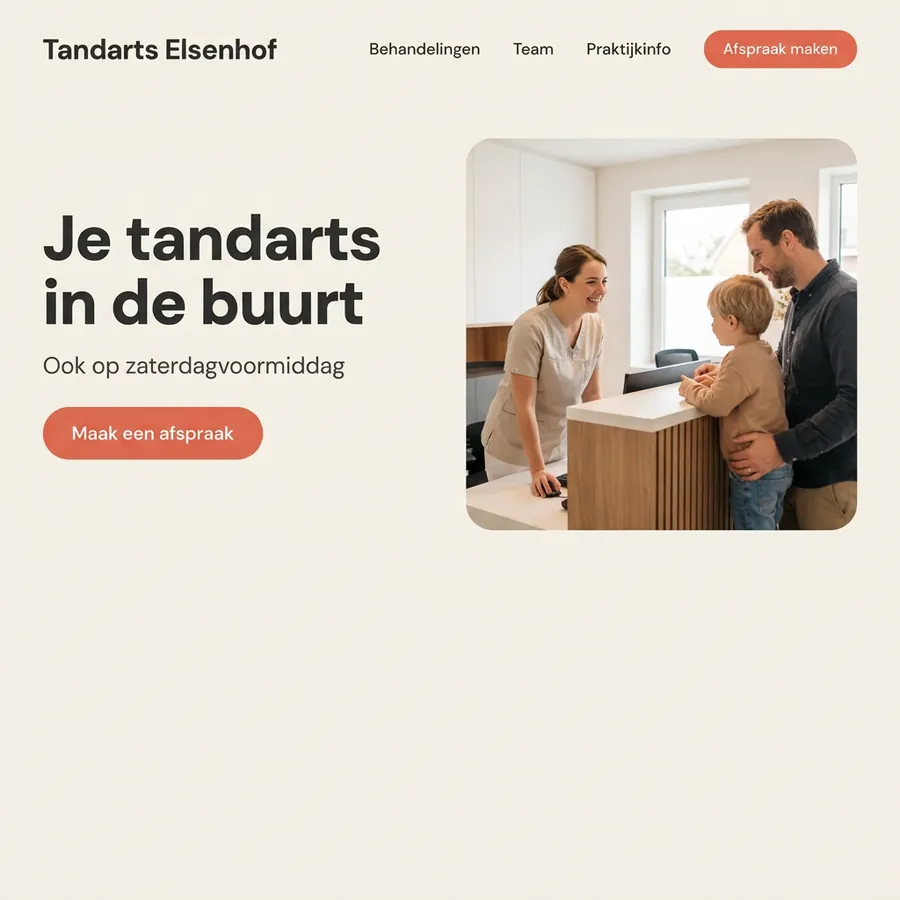 Voorbeeldontwerp: website voor Tandarts Elsenhof (fictief), in warme zandtinten