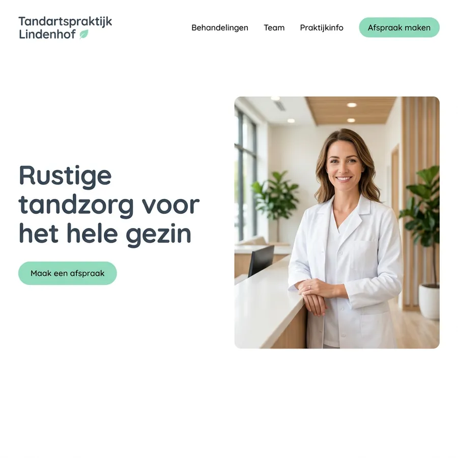 Voorbeeldontwerp: website voor Tandartspraktijk Lindenhof (fictief), in wit met mintgroen