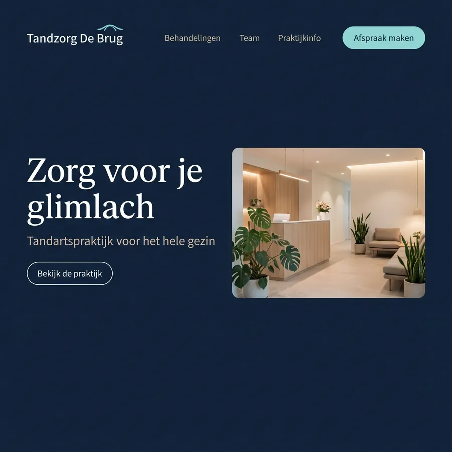Voorbeeldontwerp: website voor Tandzorg De Brug (fictief), in donker marineblauw