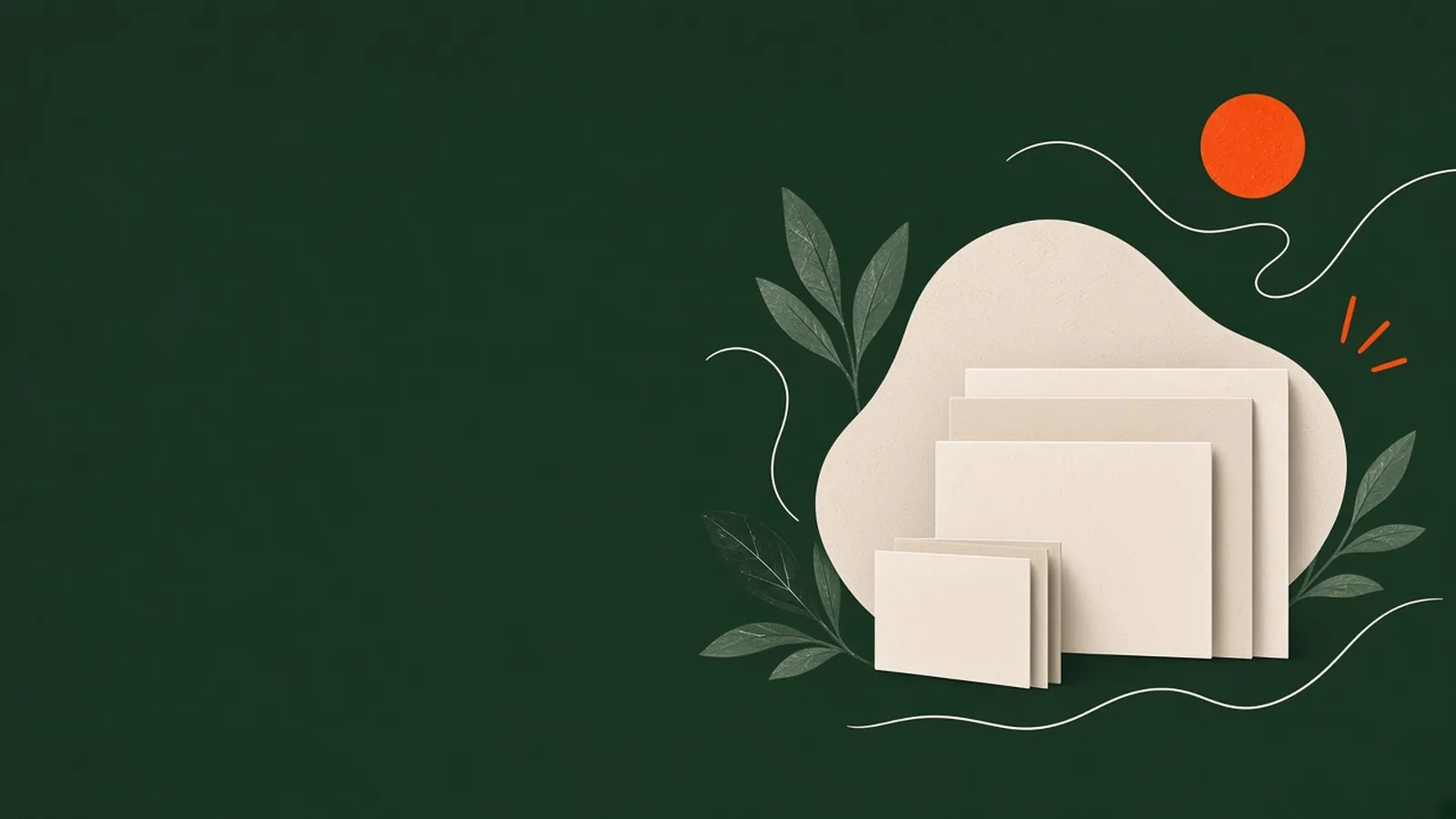 Illustratie van drie papieren kaarten in oplopende grootte op een donkergroene achtergrond, als symbool voor de drie websitepakketten.