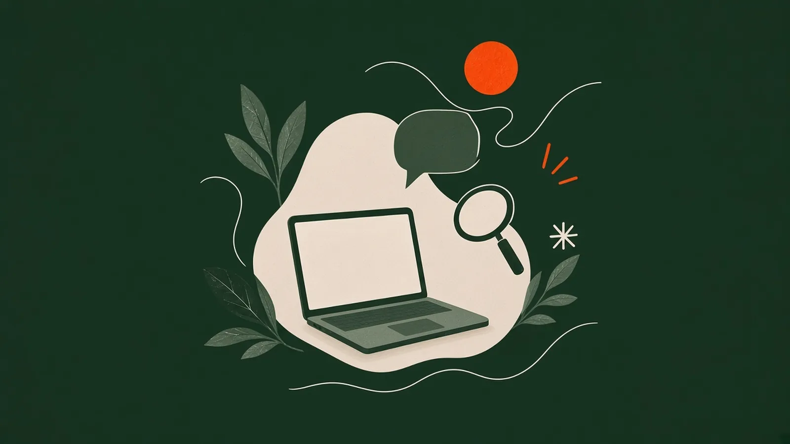 Illustratie van een laptop met een tekstballon en een vergrootglas op een donkergroene achtergrond, als symbool voor gevonden worden in AI-zoekmachines.