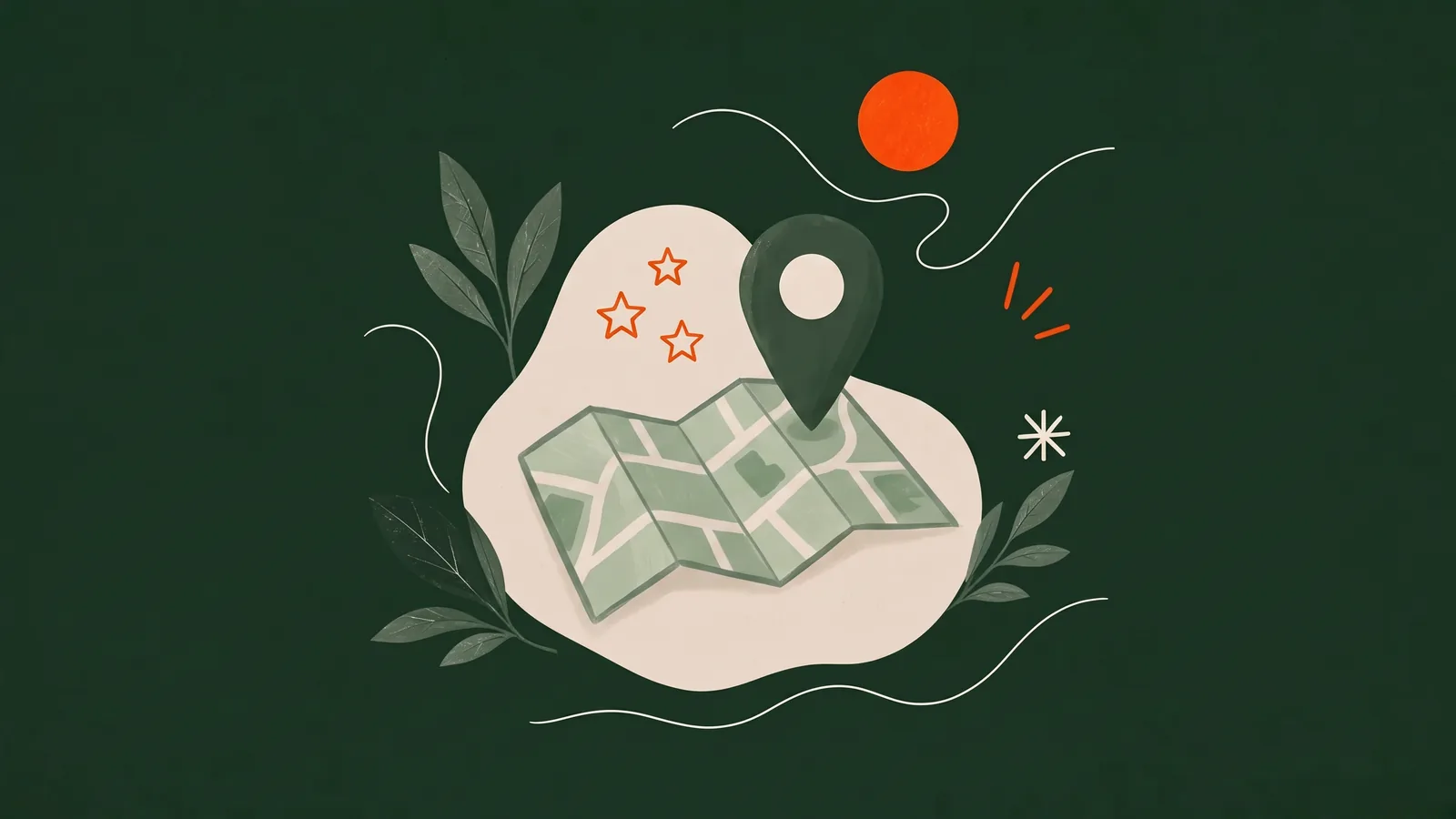 Illustratie van een opengevouwen kaart met een grote locatiepin en drie oranje sterren op een donkergroene achtergrond, als symbool voor gevonden worden in Google Maps.