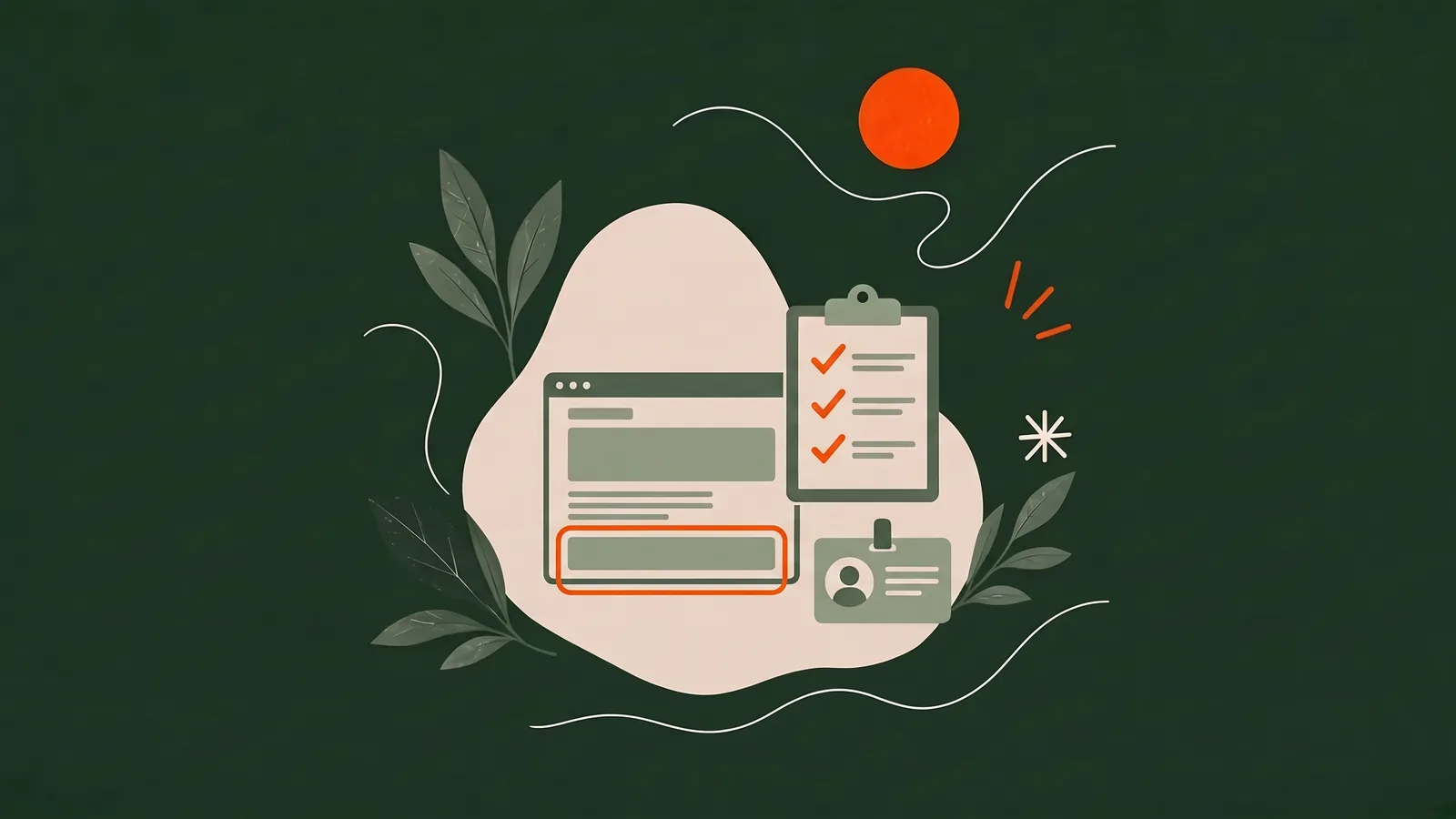 Illustratie van een website met gemarkeerde footer, een afgevinkte checklist en een identiteitskaart, op een donkergroene achtergrond