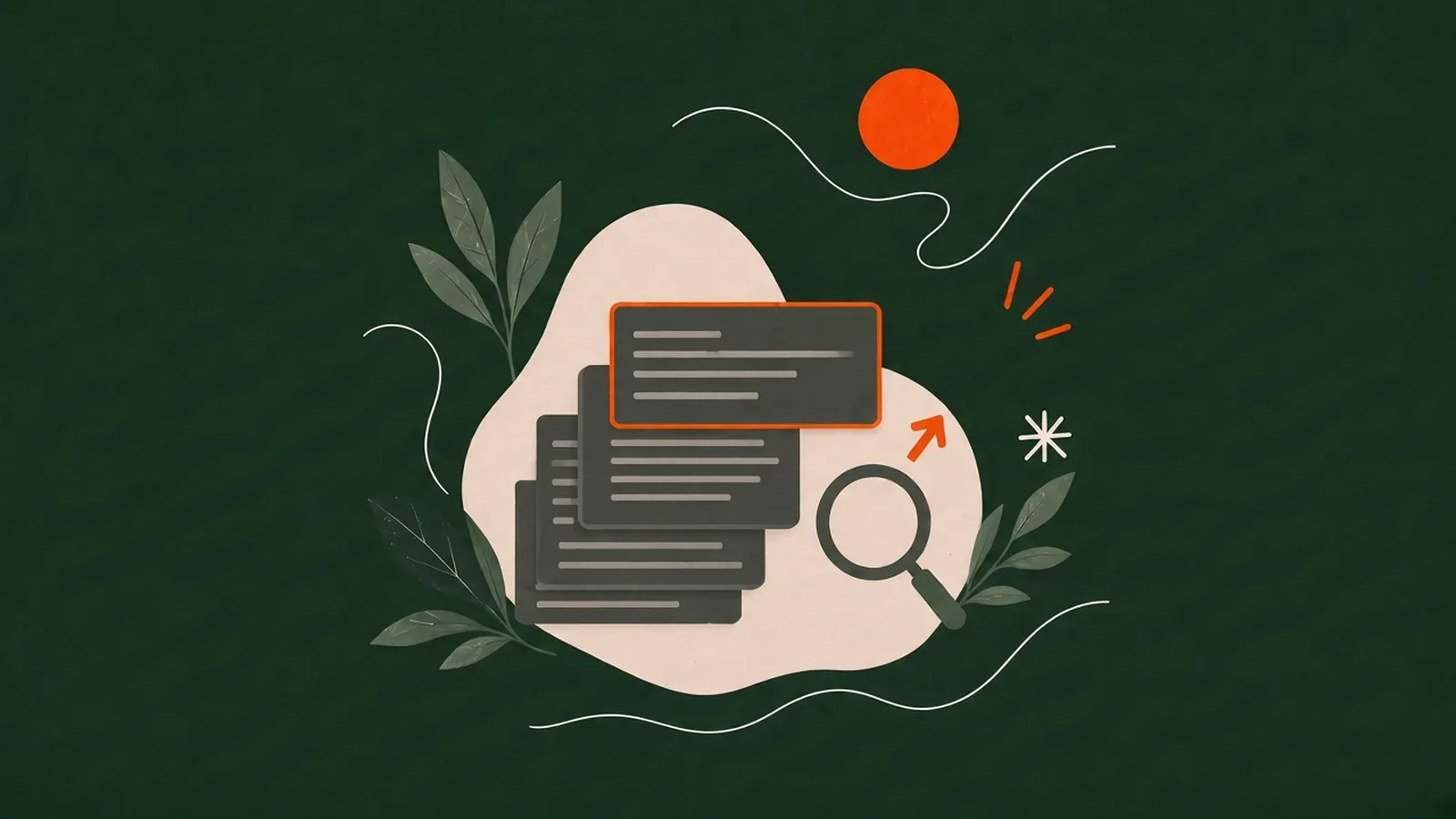 Illustratie van zoekresultaten als gestapelde kaarten met de bovenste kaart uitgelicht, een vergrootglas en een oranje pijl omhoog, op een donkergroene achtergrond